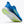 Blue running shoe with green sole on a white background