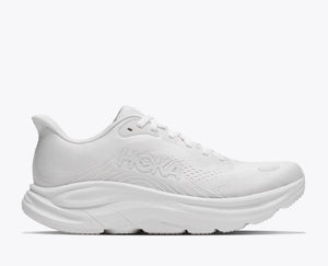 All white Women's Hoka running shoe with tonal logo'ing.