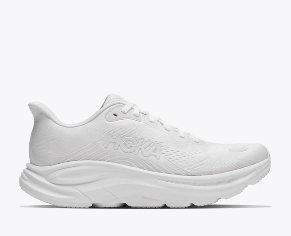 All white Women's Hoka running shoe with tonal logo'ing.