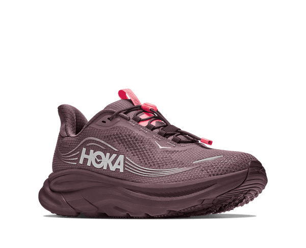 A HOKA running shoe in a muted plum-purple color with bright pink laces and pull tabs