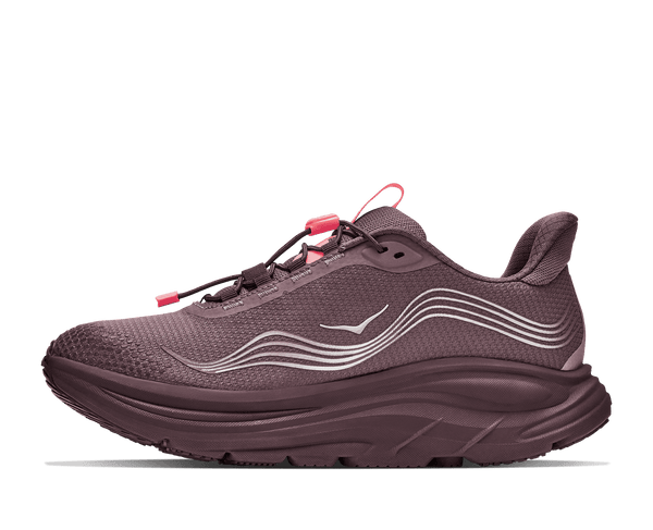 A HOKA running shoe in a muted plum-purple color with bright pink laces and pull tabs