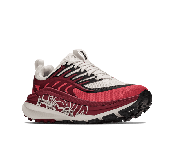 Burgundy and white trail running shoe on a white background