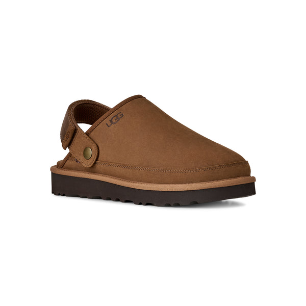 Slingback brown slipper clog on a white background