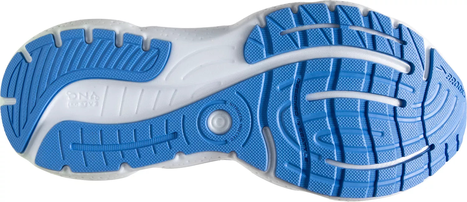 Bottom (outer sole) view of the Women's Glycerin 20 by Brook's in the color Blue Glass/Marina/Legion Blue