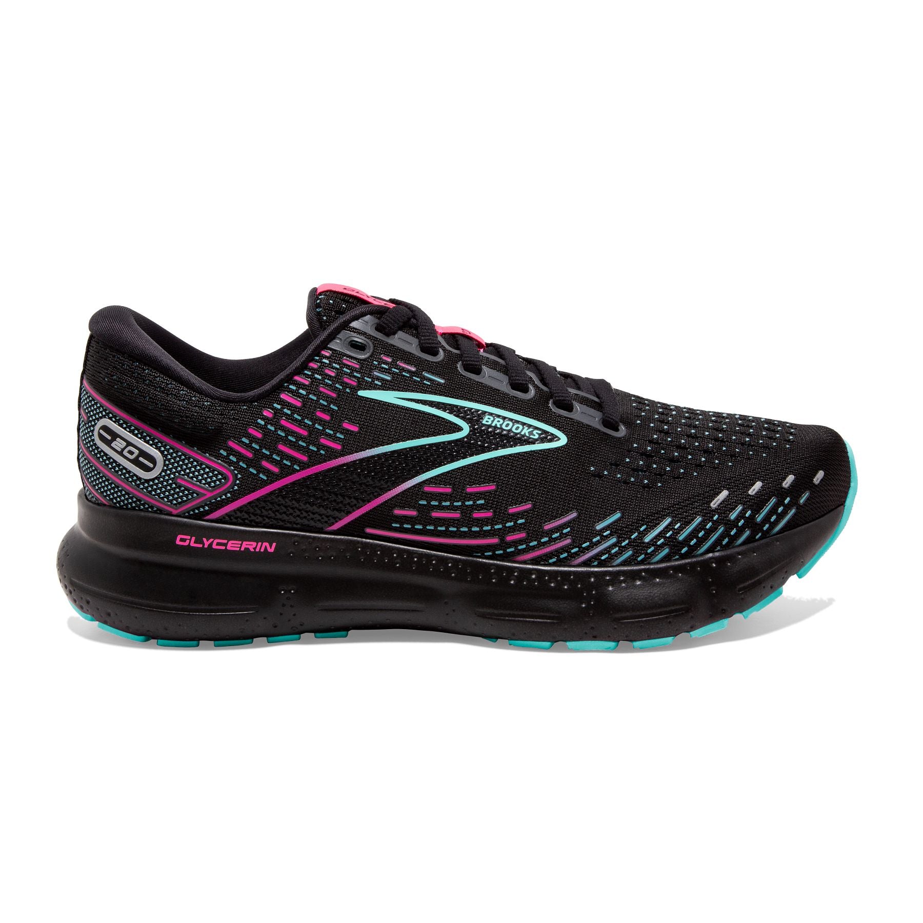 Lateral view of the BROOKS Women's Glycerin 20 in the color Black/Blue Light/Pink