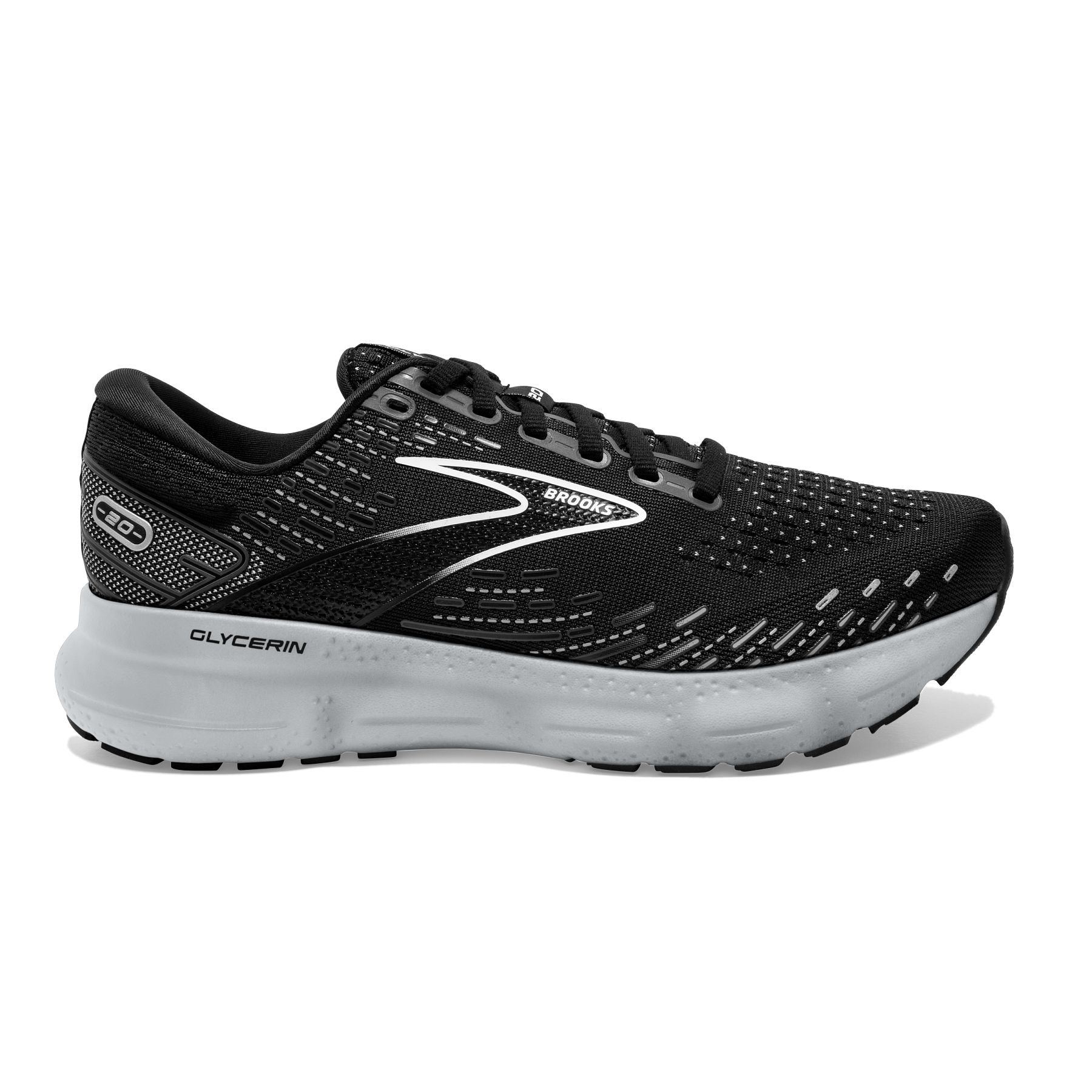 Lateral view of the Women's Glycerin 20 by BROOKS in the wide "D" width, color Black/White/Alloy