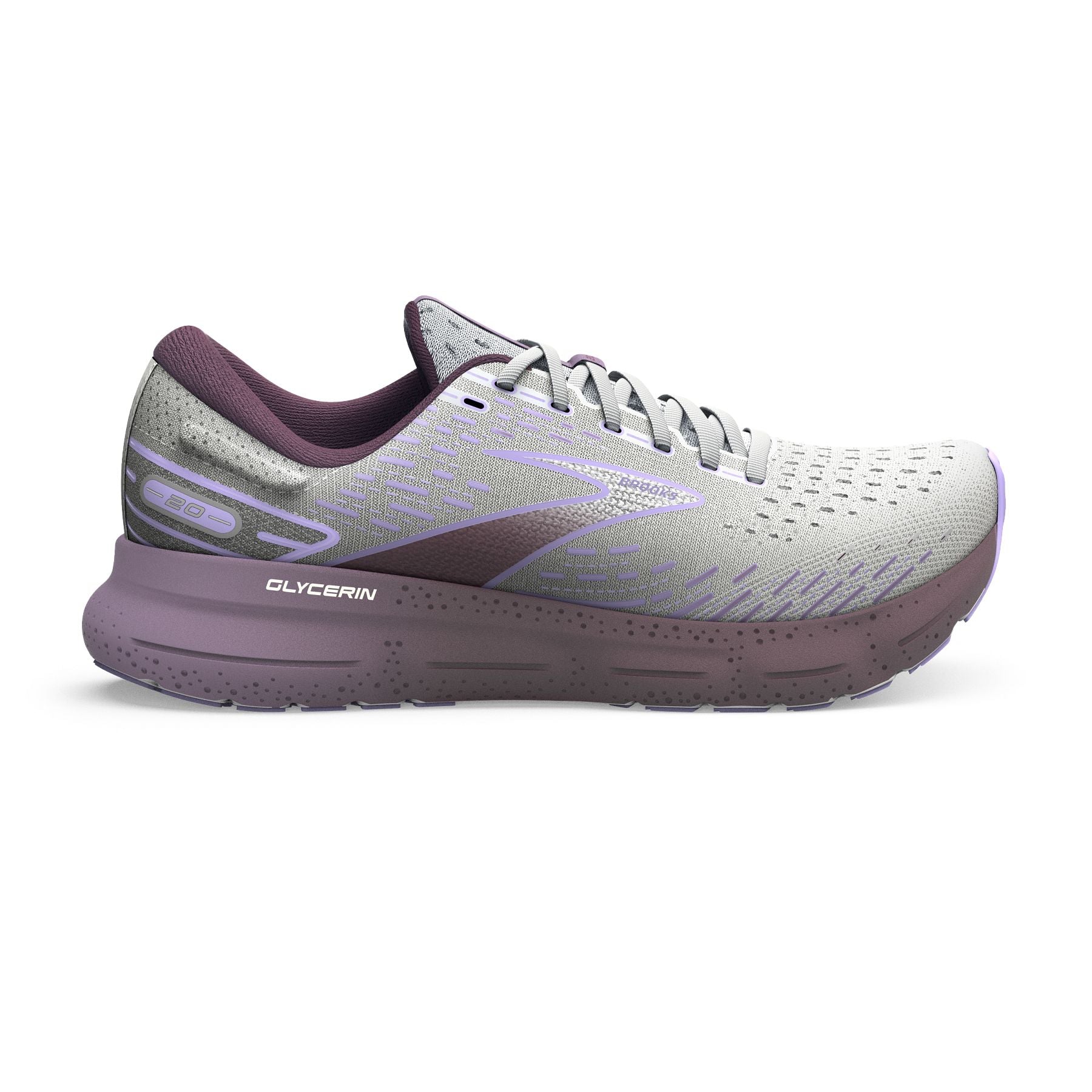 Lateral view of the Women's Glycerin 20 in White/Orchid Lavender