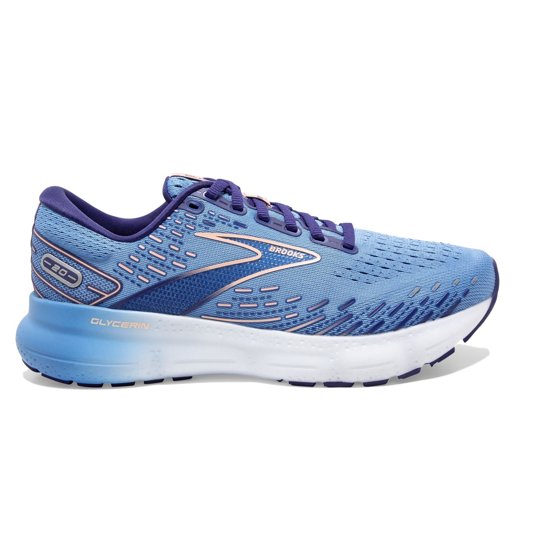 Lateral view of the Brook's Women's Glycerin 20 in the color Blissful Blue/Peach/White