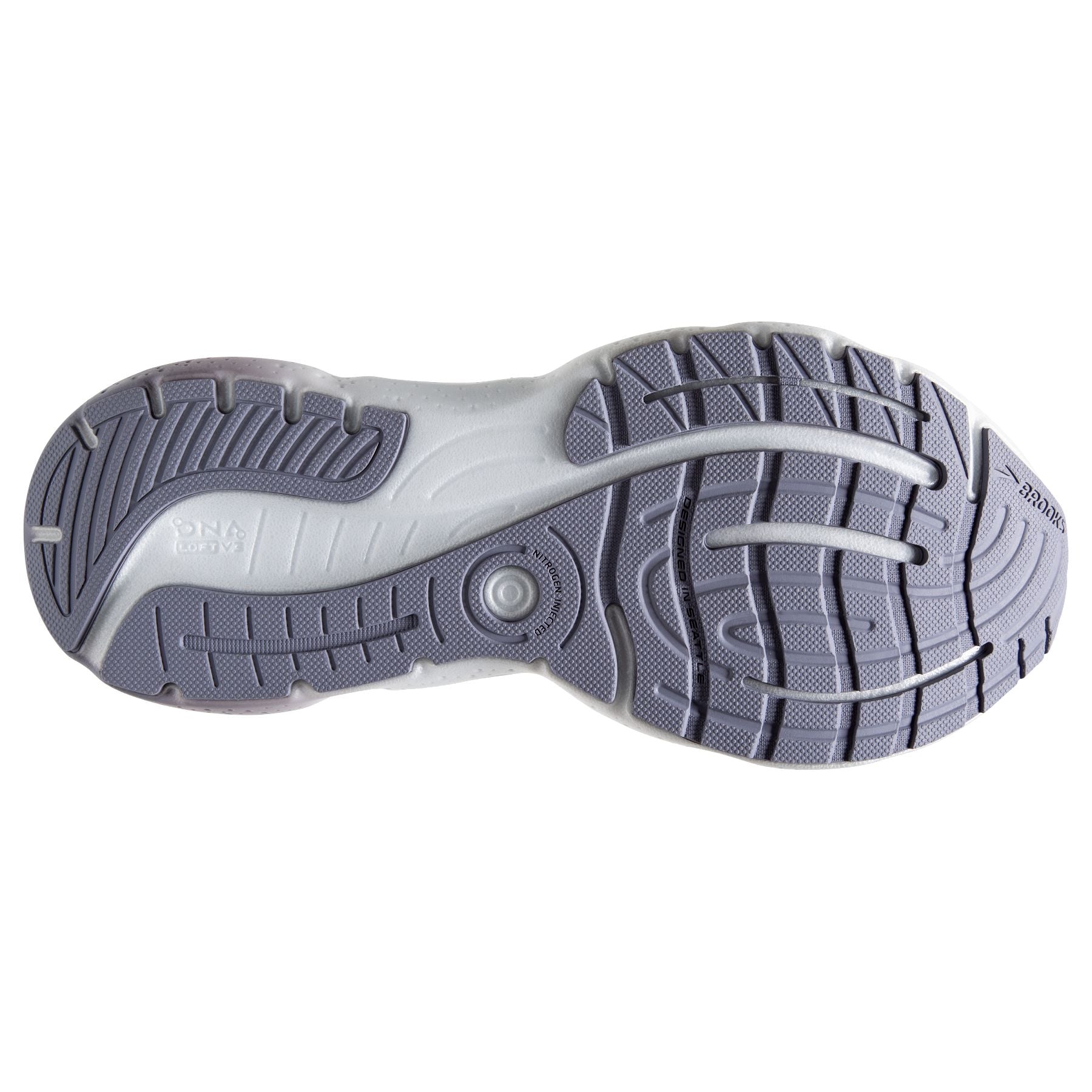 Bottom (outer sole) view of the Women's Glycerin 20 in Lilac/Silver Bullet/Pink