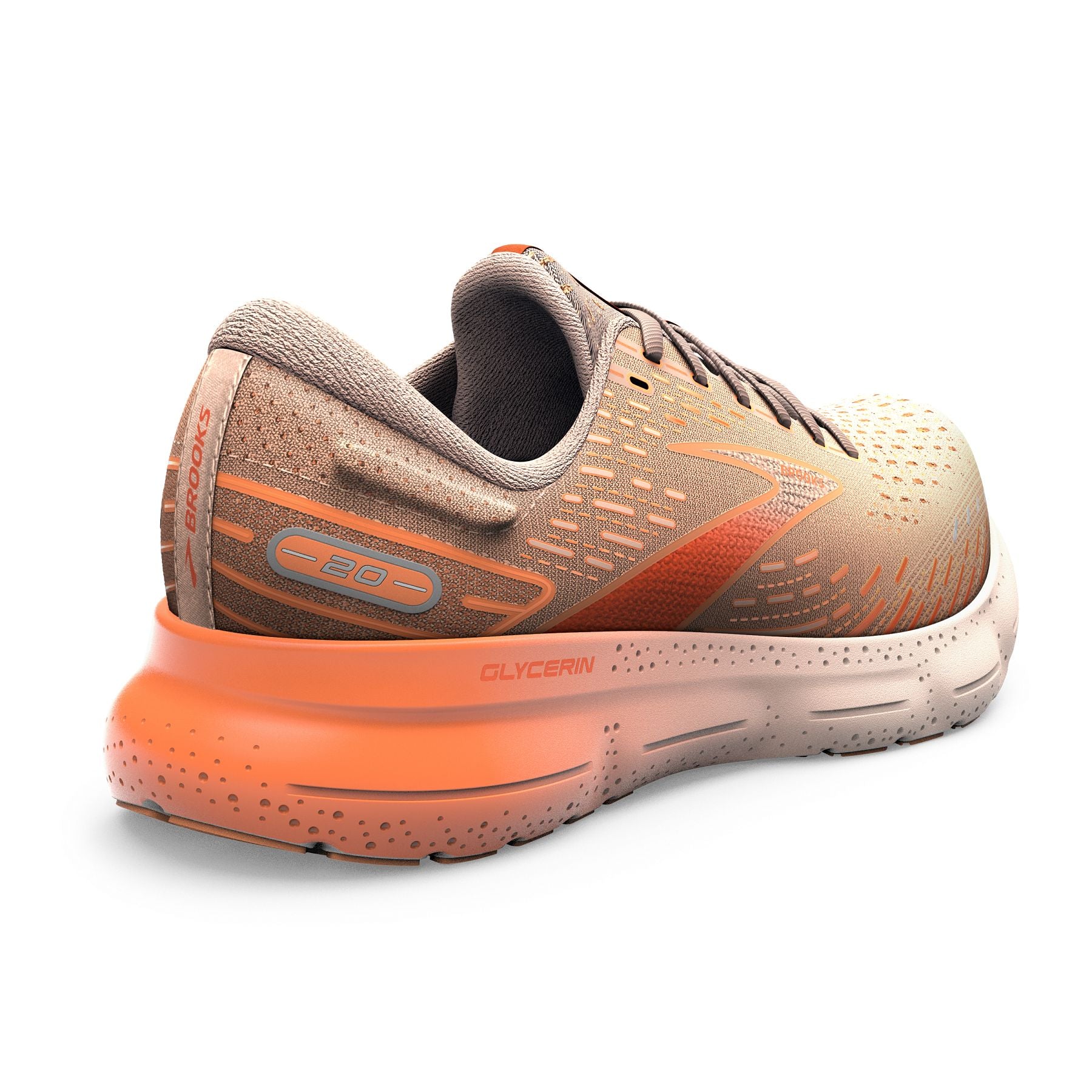 Back angle view of the Women's Glycerin 20 by Brook's in the color Peach/Tangerine/Orange