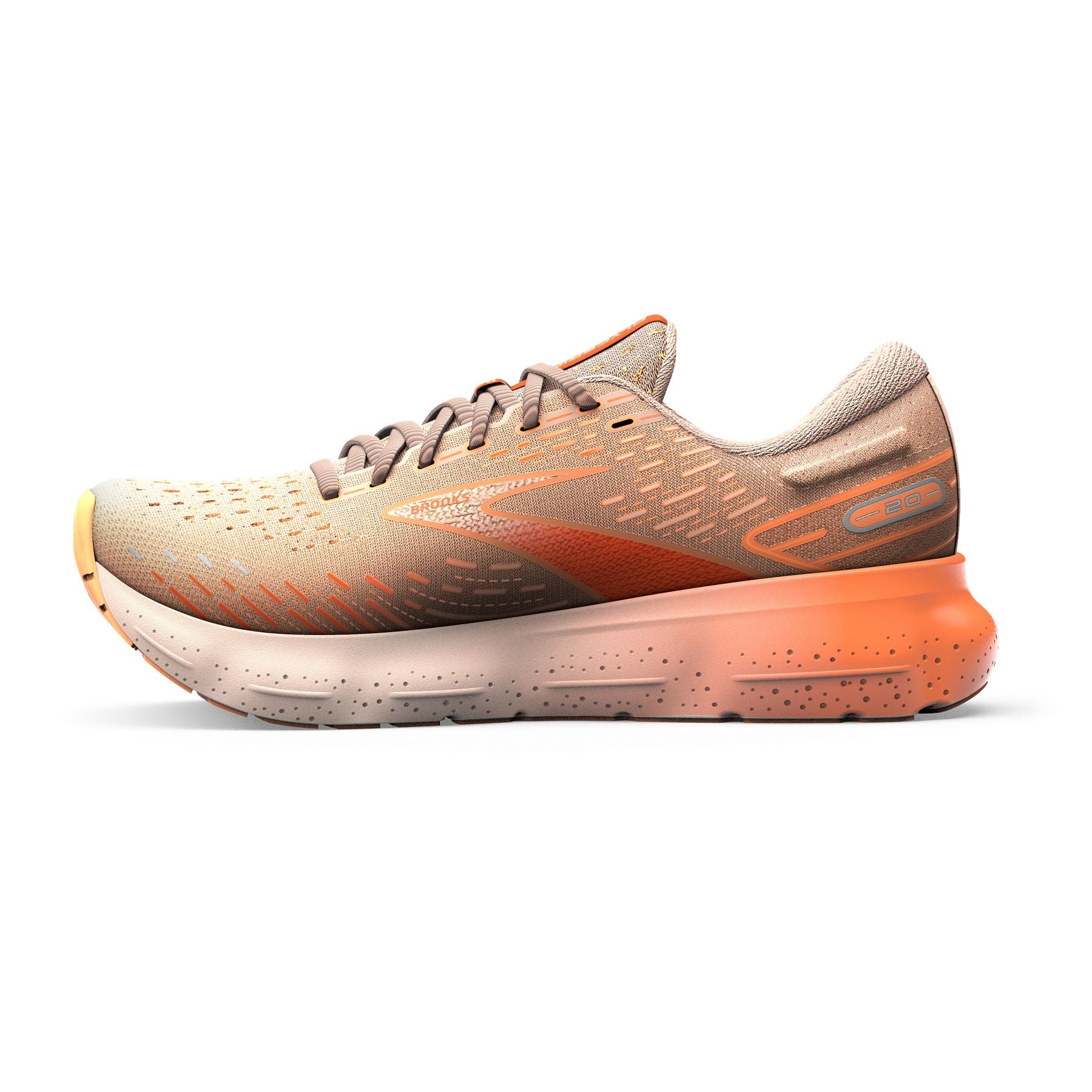 Medial view of the Women's Glycerin 20 by Brook's in the color Peach/Tangerine/Orange