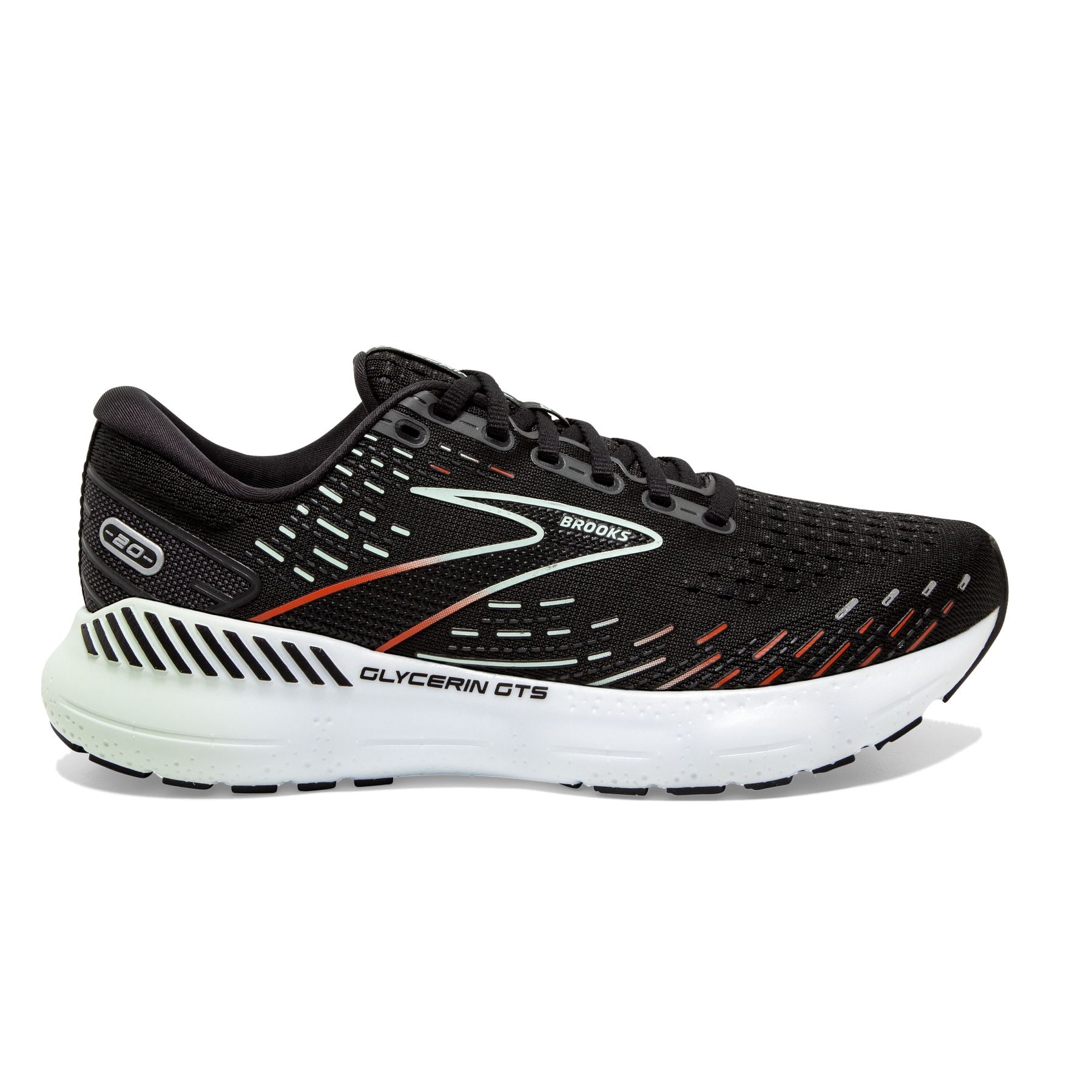 Lateral view of the Women's Glycerin GTS 20 by BROOKS in the color Black/Red/Opal