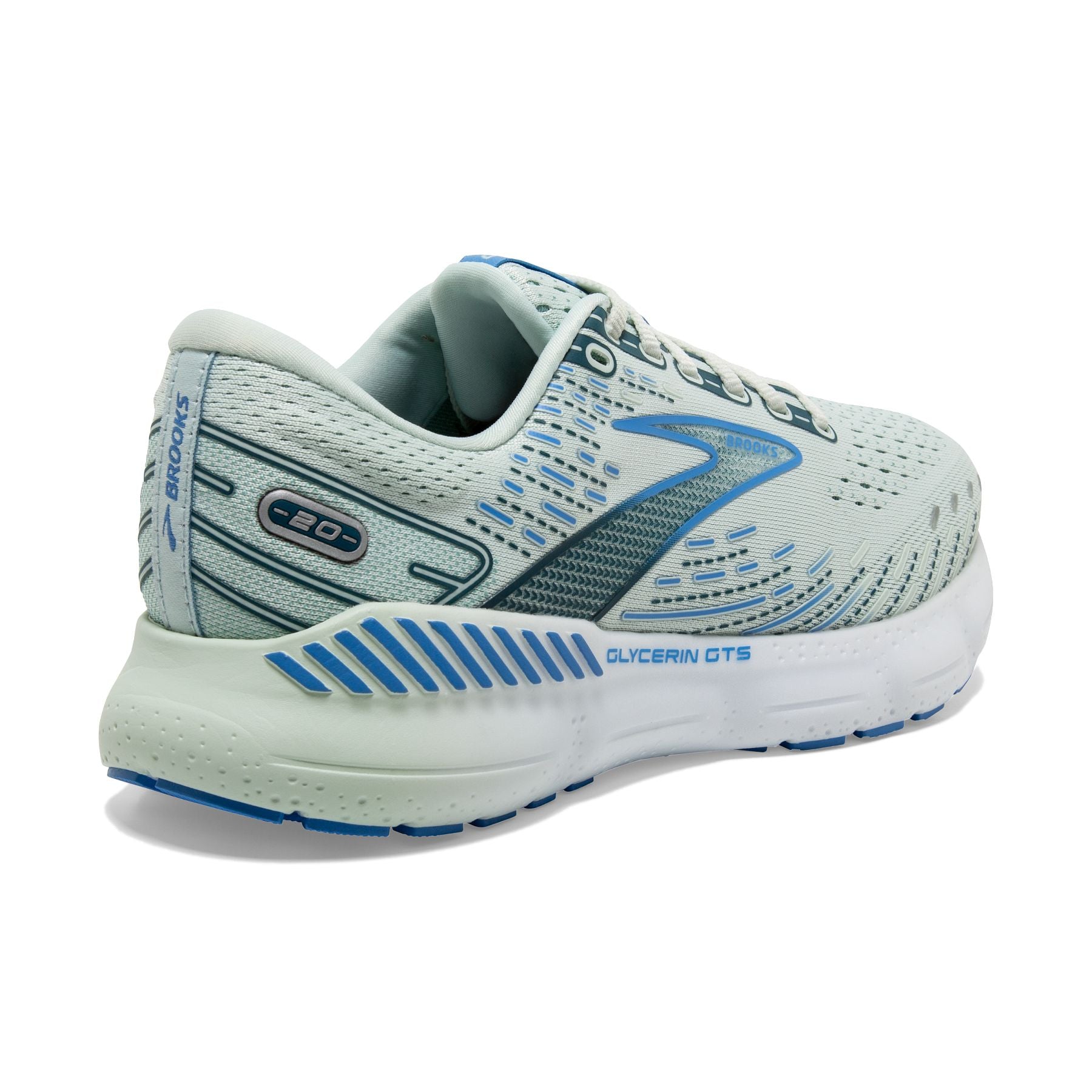 Back angle view of the Women's Glycerin GTS 20 by Brook's in the color Blue Glass/Marina/Legion Blue