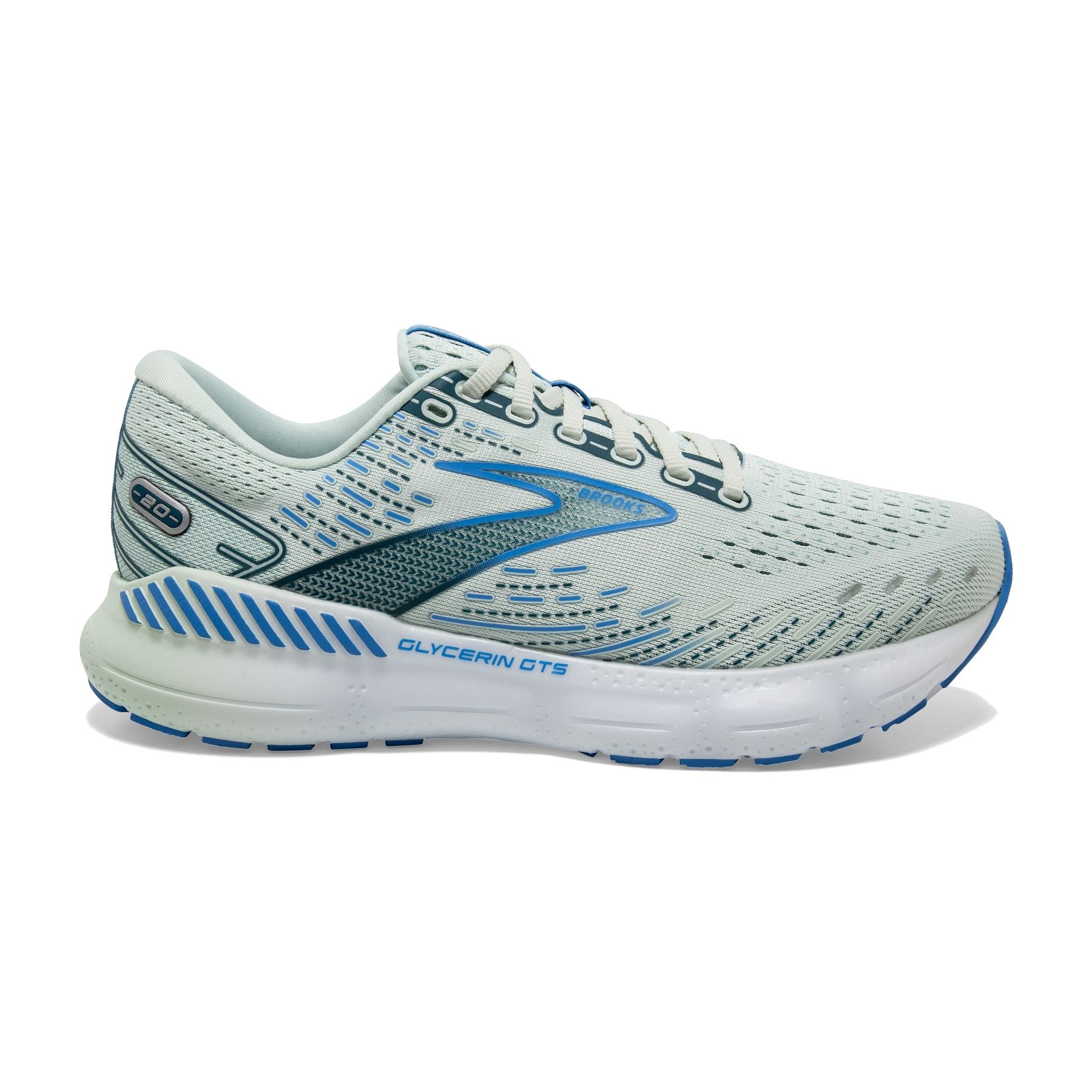 Lateral view of the Women's Glycerin GTS 20 by Brook's in the color Blue Glass/Marina/Legion Blue