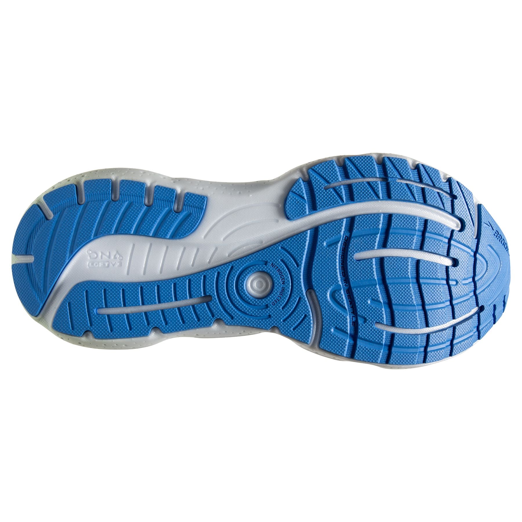 Bottom (outer sole) view of the Women's Glycerin GTS 20 by Brook's in the color Blue Glass/Marina/Legion Blue
