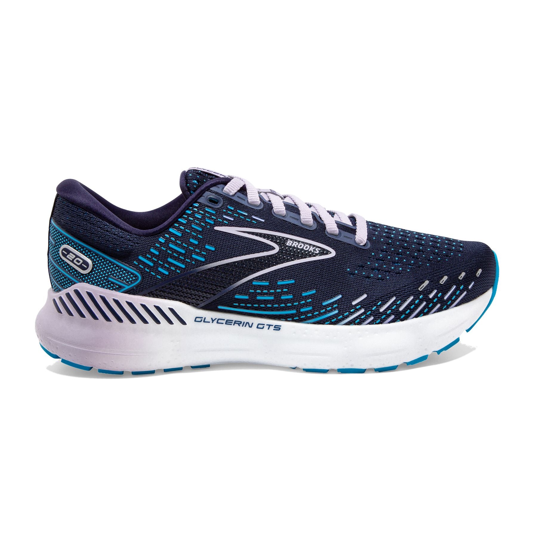 Lateral view of the Women's Glycerin GTS 20 by BROOKS in the color Peacoat/Ocean/Pastel Lilac