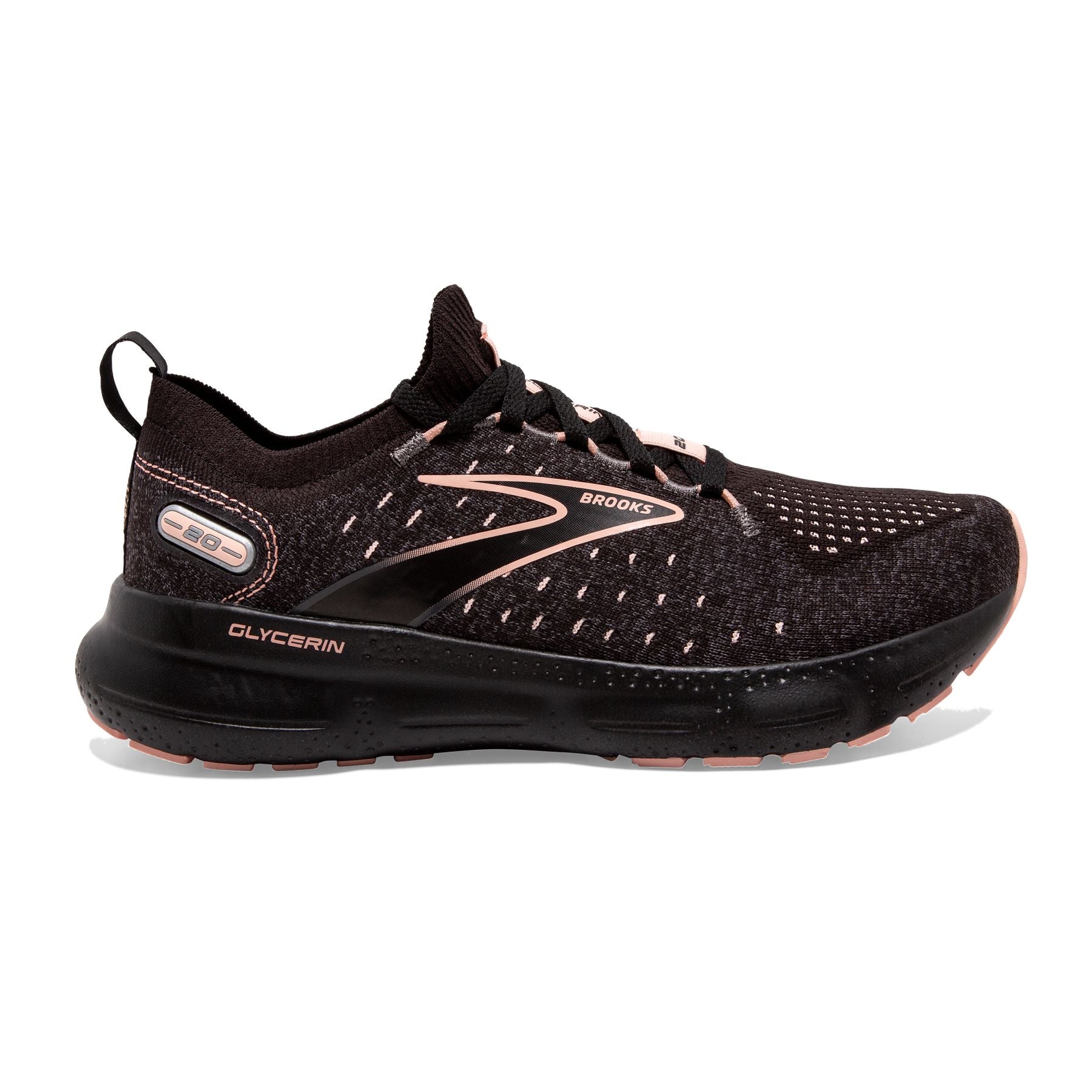 Lateral view of the Women's Glycerin Stealthfit 20 in the color Black/Pearl/Peach