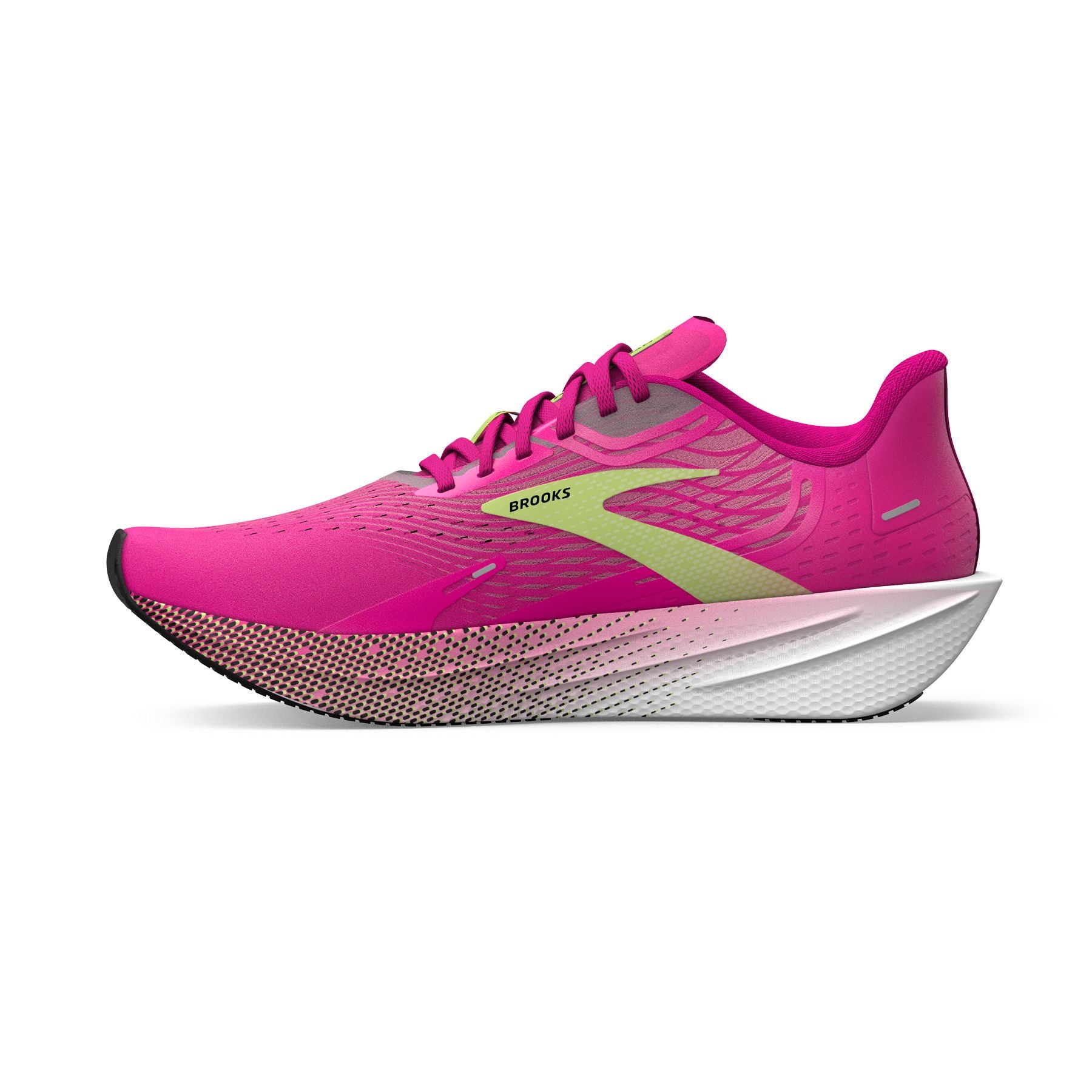 Medial view of the Women's Hyperion Max by Brook's in the color Pink Glo/Green/Black
