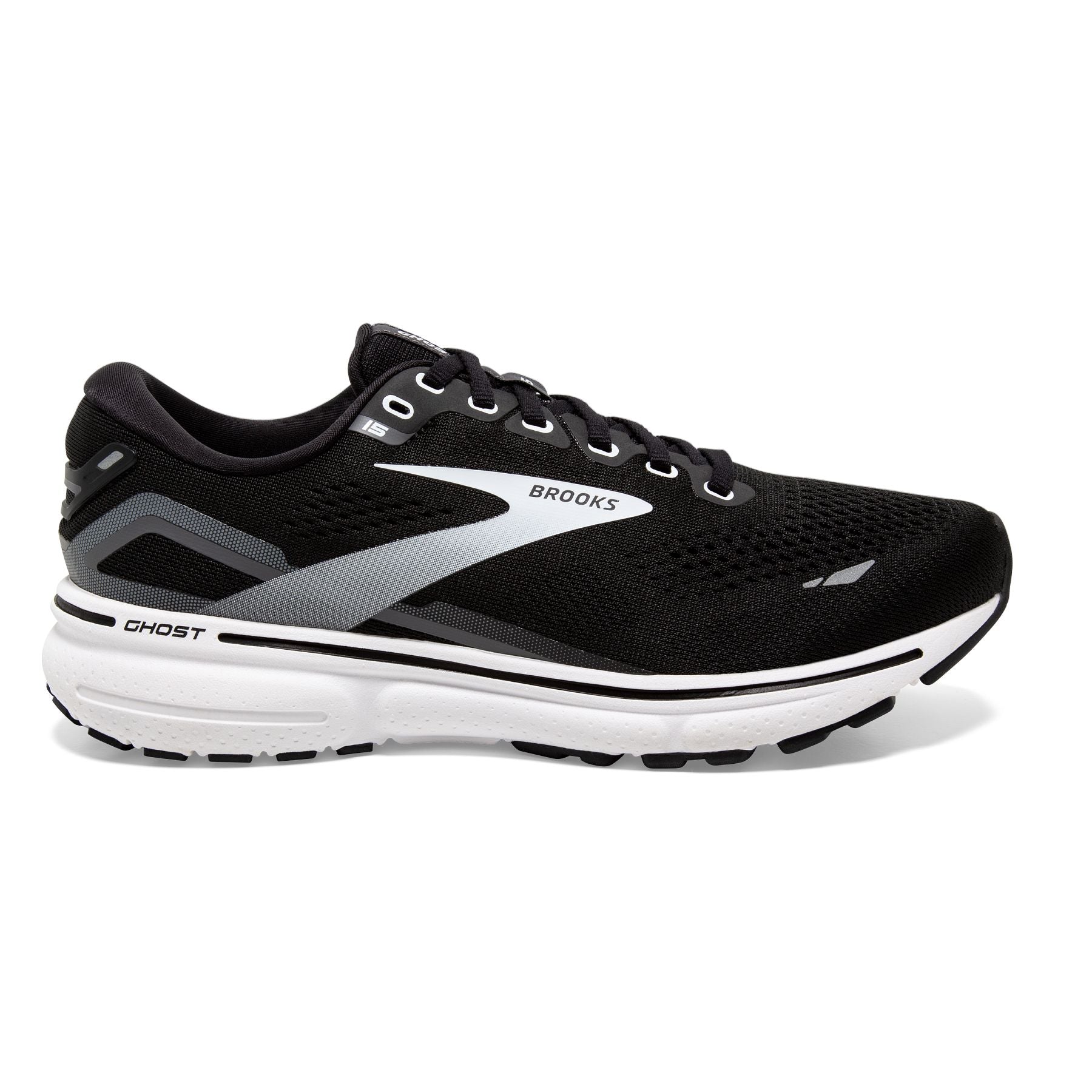 Lateral view of the Men's Ghost 15 in Black/BlackenedPearl/White