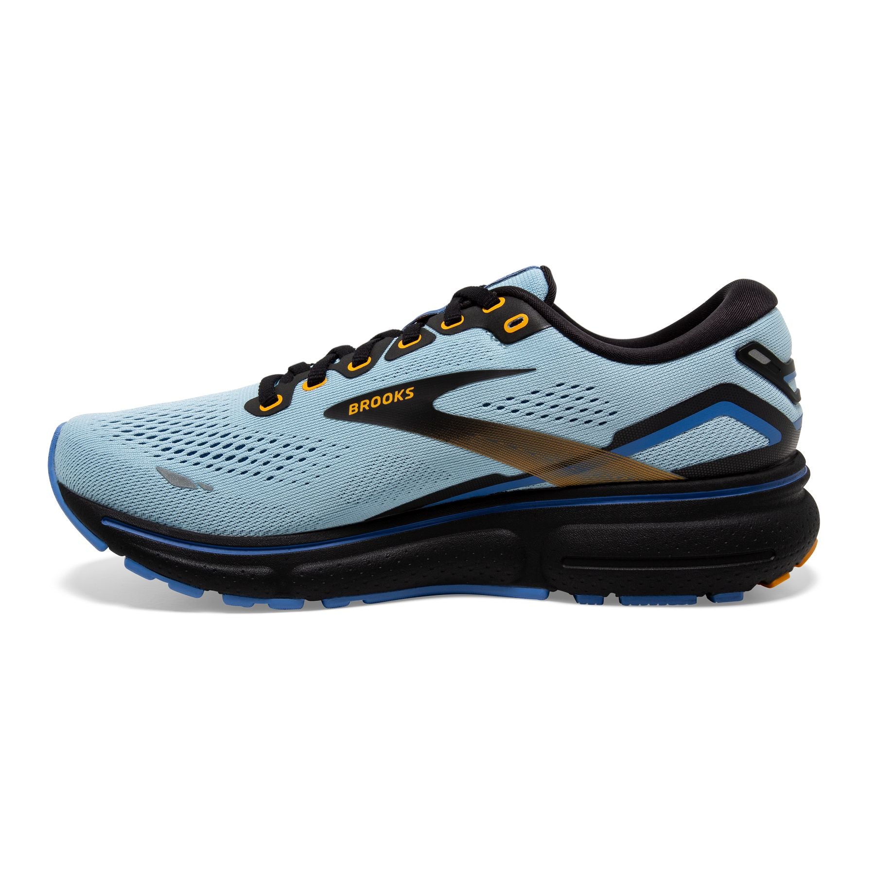 Medial view of the Women's Ghost 15 by Brooks in the color Light Blue/Black/Yellow