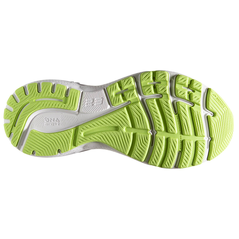 The outsole of teh OWmen's Adreanline 23 is the same neon green color as the pops on the upper