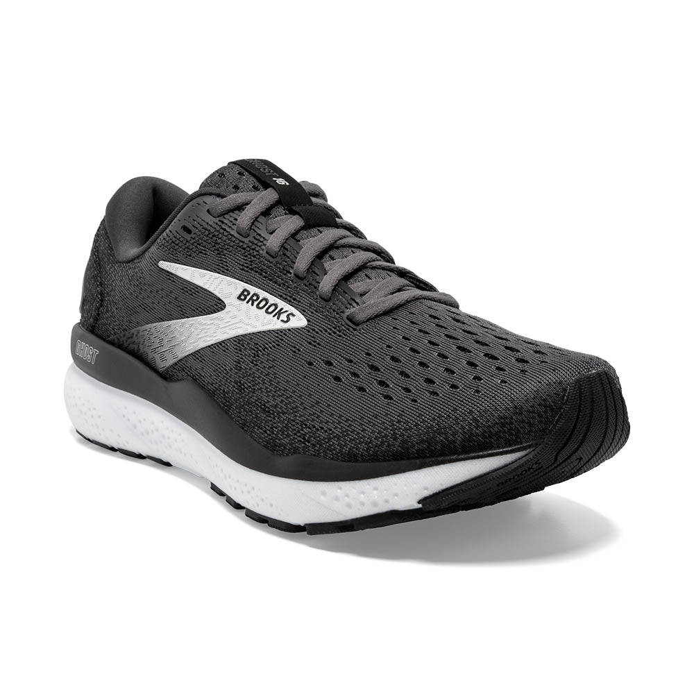 This Women's Brooks Ghost 16 has an all black upper with a bit of grey.  The shoe has a conervative look that can be worn with anything