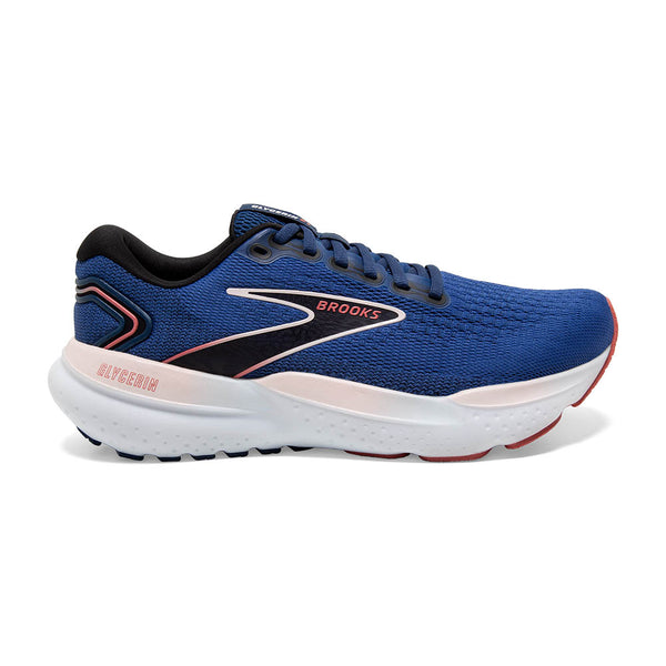 This running shoe from Brooks has a blue upper, with a black logo and white  midsole.