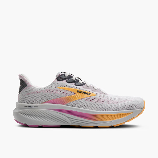Gray running shoe with colorful sole on a white background