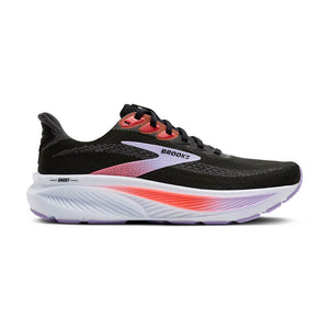 Black running shoe with pink and white accents on a white background