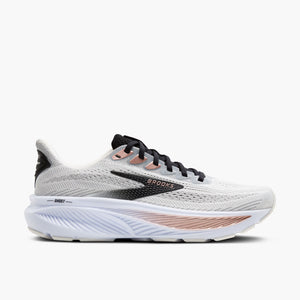 White running shoe with black and pink accents on a white background