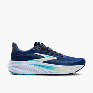 A brooks running whie with a mostly white midsole that also has some teal and yellow coming through.
