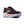 Black running shoe with purple and red accents on a white background