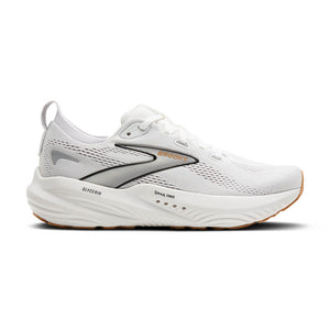 White running shoe with gray accents on a white background
