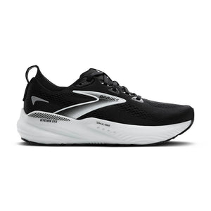 Black running shoe with white sole on a white background