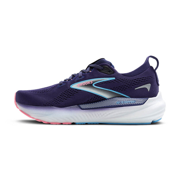Brooks's GuideRails(TM) support system is shown with purple and white stripes on the midsole. 