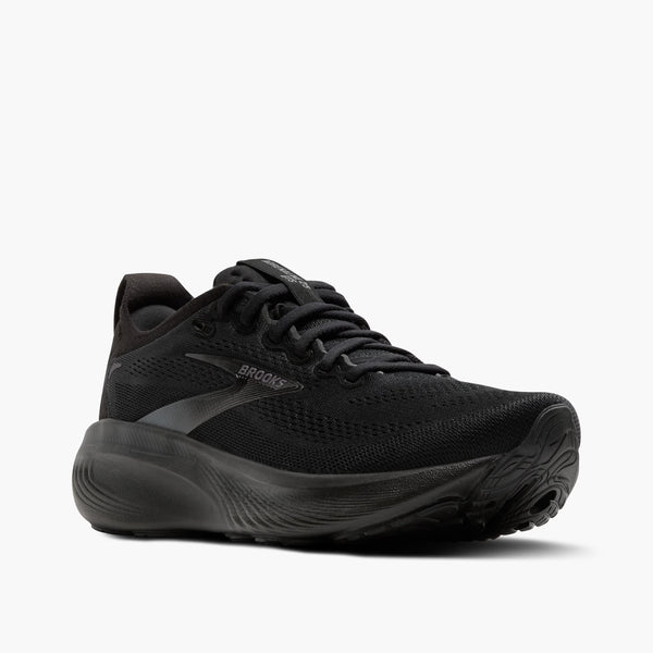 Black running shoe with 'Brooks' branding on a white background