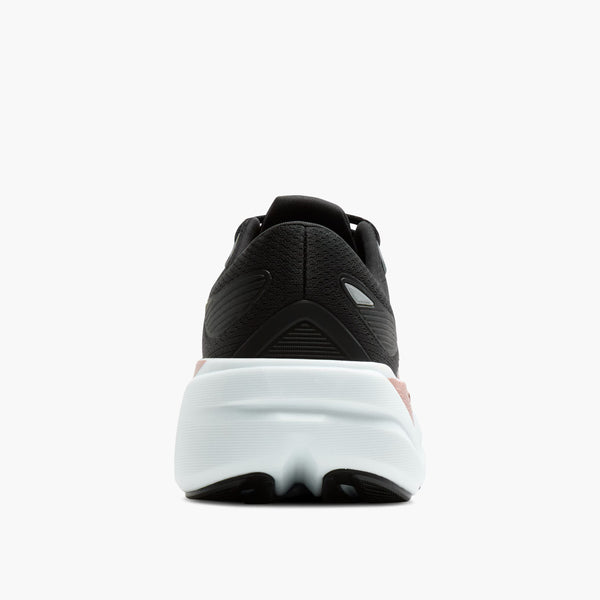 Black running shoe with white sole on a white background