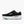 Black running shoe with white sole on a white background