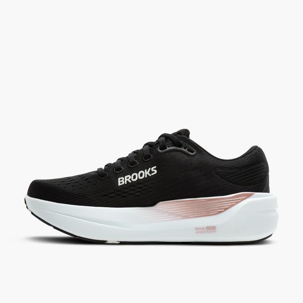 Black running shoe with white sole on a white background