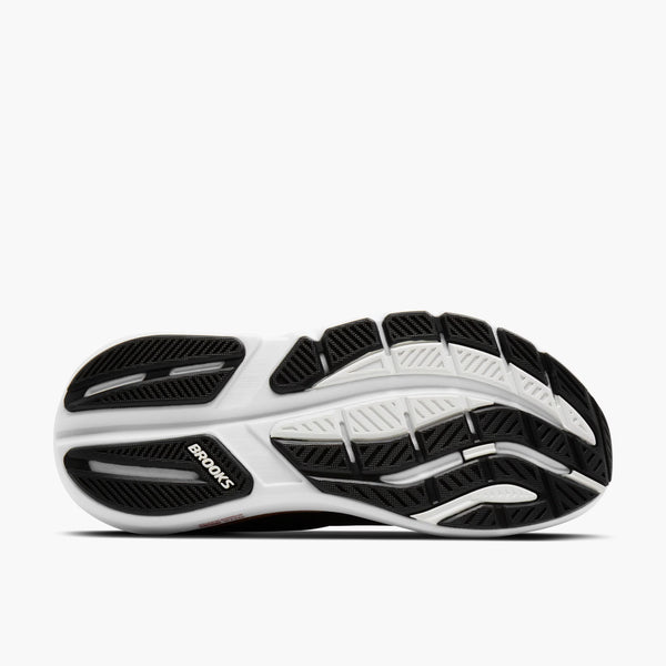 Black and white running shoe with 'Brooks' branding on a white background