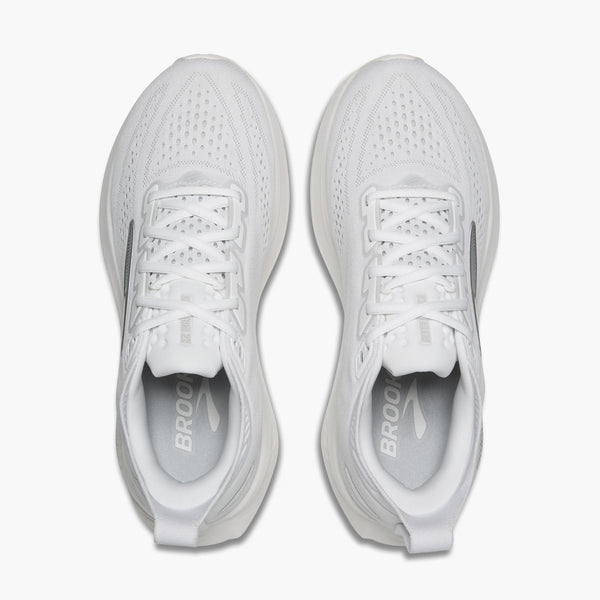 White running shoes with brand logo on a white background
