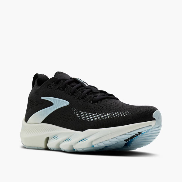 A black Brooks running shoe with a light blue and white sole, shown from a side profile on a light gray background.