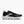 Black running shoe with white sole on a light gray background