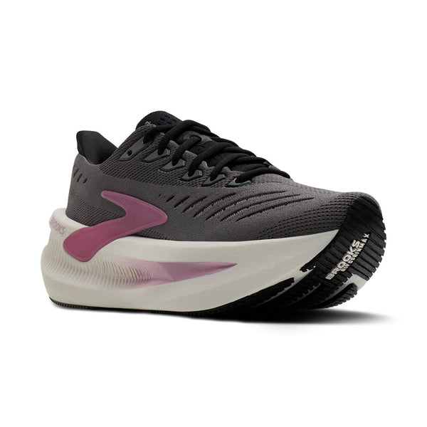 Gray running shoe with pink accents on a white background