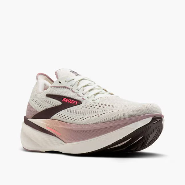 White running shoe with pink accents on a white background