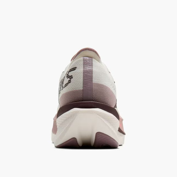 Back view of a running shoe with visible brand logo on a white background