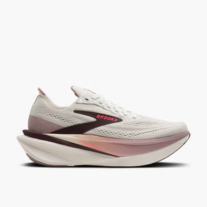 White running shoe with pink accents on a white background