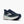 Navy running shoe with white sole on a white background