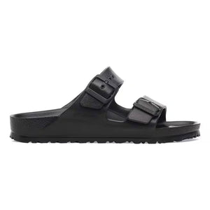 This Arizona Birkenstock sandal has a monochromatic look with a black upper and midsole. 