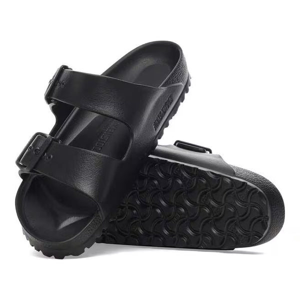 The outsole of this shoe is black and has a geometric pattern. Birkenstock is stamped into the upper on the medial side. 